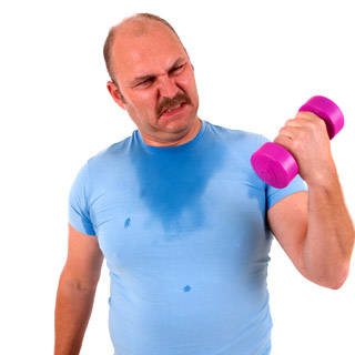 Fat Guy Exercising with Pink Dumbbell